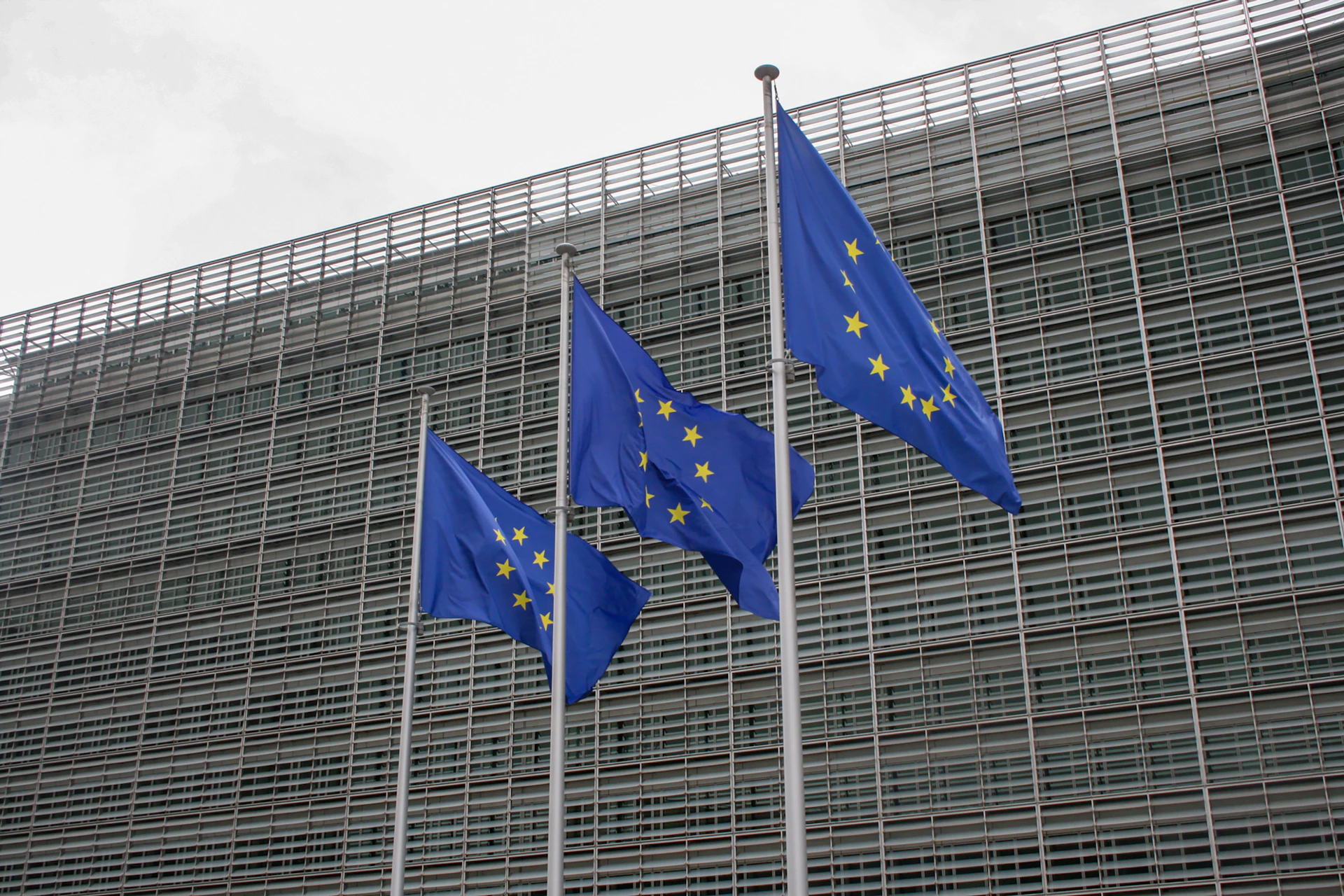 European Union flags flying in front of a building